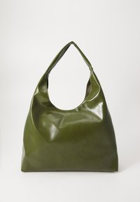 Green leather hobo bag with a slouchy design, curved handle, and smooth texture. Contains no visible hardware or accents.