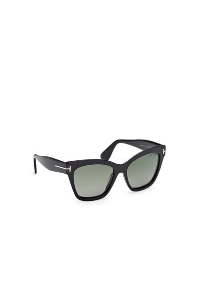 Musta kissa-silmä aurinkolasit vihreillä linsseillä ja kultaisilla yksityiskohdilla temppeleissä. Valmistettu muovista, jossa on sileä tekstuuri ja rohkea muotoilu.