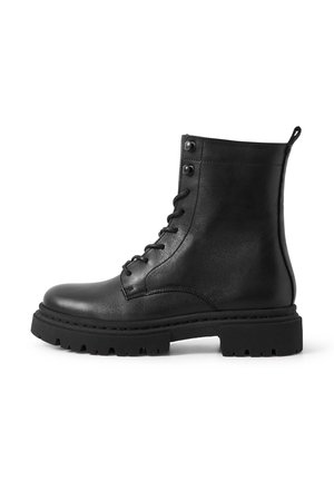 Black leather ankle boot with a rounded toe, lace-up front, sturdy rubber sole, and button detailing on the upper for added design.