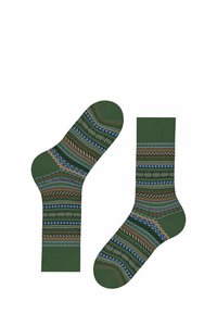 Calzini verdi con motivi intricati in blu, rosso e arancione, con un mix di righe e design geometrici su tutta la stoffa.