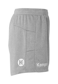 Graue sportliche Shorts aus strukturiertem Stoff, mit einem Kordelzugbund, seitlichen Taschen und einem weißen Logo, das auf dem unteren Bein aufgedruckt ist.