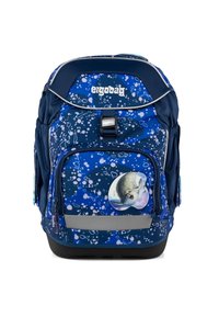 Zaino blu con motivo a bolle, dettagli grigi, tasca anteriore con grafica di un sigillo rotondo e tasche laterali in rete per riporre oggetti.