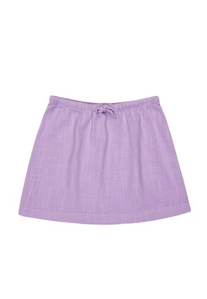Fliederfarbener Rock aus leichtem Stoff, mit einem Tunnelzug an der Taille und einem dezenten strukturierten Muster, in ausgestellter Form und über knielang.