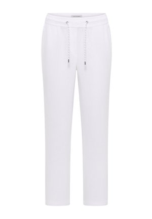Pantalon blanc décontracté avec taille élastique et cordon blanc, jambes droites, taille mi-haute, sans poches visibles ni ornements.