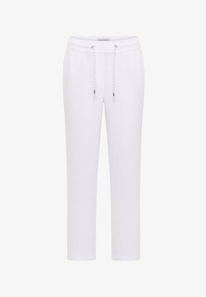 Pantaloni casual bianchi con vita elastica e coulisse bianca, gambe dritte, vestibilità a mezza altezza, senza tasche o decorazioni visibili.