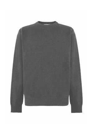 Langärmeliger dunkelgrauer Strickpullover mit Rundhalsausschnitt und gerippten Bündchen und Saum, dargestellt vor weißem Hintergrund.