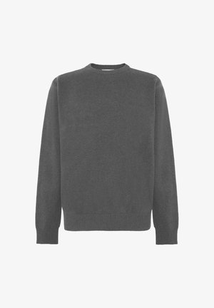 Long-sleeve dark gray knitted crew neck sweater with ribbed cuffs and hem, displayed on a white background.