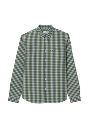 Groene en lichtblauwe geblokte blouse met lange mouwen, een button-down kraag en een klein geborduurd logo op de linkerborst.