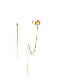 Ensemble de boucles d'oreilles en ton or comprenant un cuff cylindrique et une chaîne pendante avec deux barres droites. Fini lisse avec un design élégant et moderne.