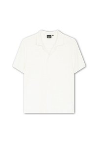 Kortermet skjorte i off-white med teksturert, stripet mønster og krage. Enfarget front uten synlige knapper eller detaljer.