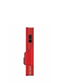 Red wallet with textured material, slim design, and a visible black button. Features include a silver accent and branding label.