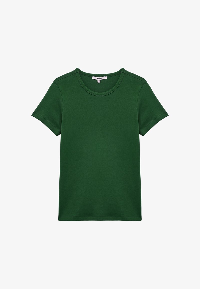Dark green short-sleeve cotton t-shirt with a round neck and a small white label inside the collar.