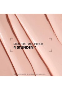 Glat lyserød creme eller lotion baggrund med fed tysk tekst, der angiver fastere hud på blot 4 timer.