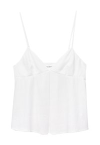 Hvid bomulds camisole med tynde justerbare stropper, en V-hals, plisseret foran og en løstsiddende A-formet silhuet.