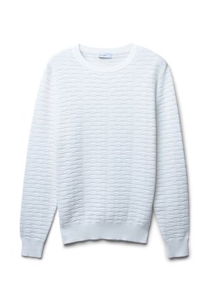 Maglione bianco con texture e colletto a girocollo, caratterizzato da un motivo orizzontale in rilievo e fasce a coste sui polsini e sull'orlo. Realizzato in un materiale morbido.