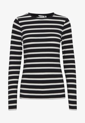 Langarmtop met zwart-witte horizontale strepen, ronde hals en een zachte stofstructuur. Eenvoudig, klassiek ontwerp dat geschikt is voor laagjes.