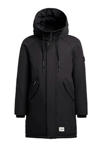 Zwarte lange gewatteerde winterjas met capuchon, rits aan de voorkant, koordjes, schuine flapzakken en een klein merklabel dicht bij de zoom.