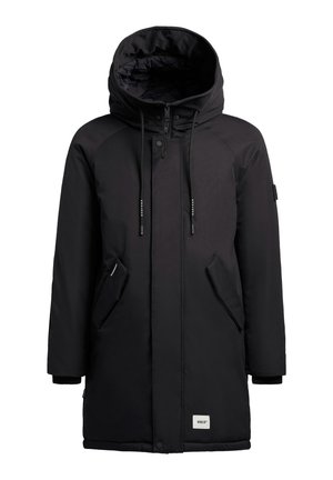 Abrigo de invierno negro largo y acolchado con capucha, cremallera frontal, cordones, bolsillos en ángulo y una pequeña etiqueta de la marca cerca del dobladillo.
