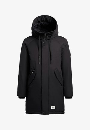 Black long padded winter coat with hood, front zipper, drawstrings, angled flap pockets, and a small brand label near the hem.