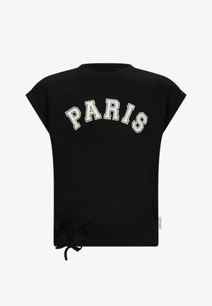 T-shirt en coton noir avec un col rond, des manches courtes et "PARIS" imprimé en texte courbé blanc. Il présente un détail de cordon à l'ourlet.