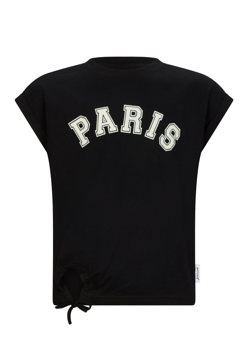 Czarna bawełniana koszulka z okrągłym dekoltem, krótkimi rękawami i napisem "PARIS" w białym, zakrzywionym tekście. Posiada sznurek przy dolnej krawędzi.
