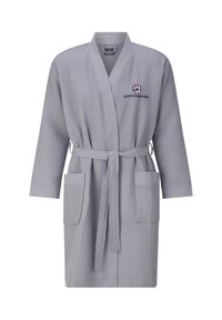 Gray waffle weave bathrobe with a belted waist, two front pockets, and embroidered logo on the chest area. Long sleeves and soft texture.