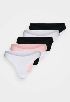 Set van zes stringtangas in zwart, wit en roze. Kenmerkt zich door een soepele stof met een dunne band, minimalistisch ontwerp en geen zichtbare naden.