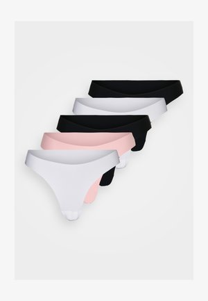 Conjunto de seis tangas en negro, blanco y rosa. Presentan una tela suave con una banda delgada, un diseño minimalista y sin costuras visibles.