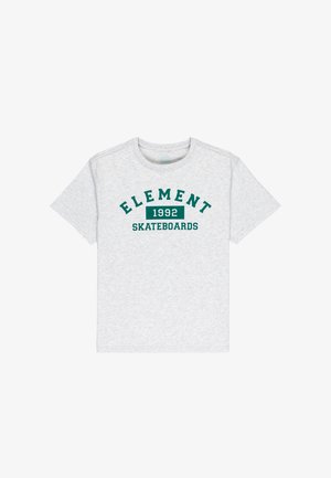 Szara bawełniana koszulka z krótkim rękawem, z napisem "ELEMENT 1992 SKATEBOARDS" w kolorze zielonym na piersi. Regularny krój, okrągły dekolt.
