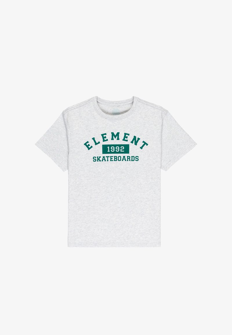 Szara bawełniana koszulka z krótkim rękawem, z napisem "ELEMENT 1992 SKATEBOARDS" w kolorze zielonym na piersi. Regularny krój, okrągły dekolt.