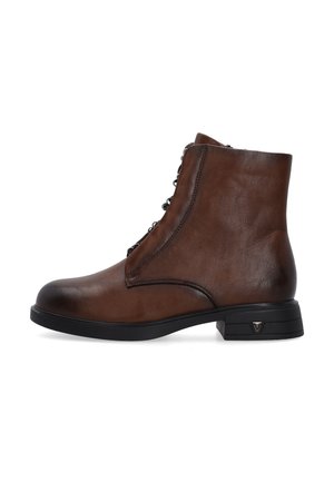 Brauner Lederstiefelette mit schwarzer Sohle und niedrigem Absatz, vorne mit Schnürung und seitlichem Reißverschluss.