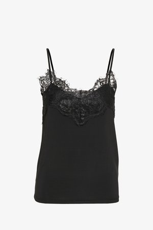 Top nero in camisola con bordo di pizzo lungo il collo e spalline sottili regolabili. Tessuto morbido con una vestibilità rilassata.