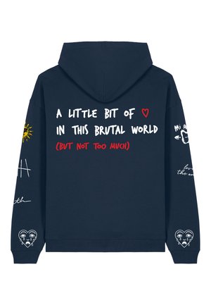 Navy hoodie with white and red text and graphics. Features a sun design and heart motifs on sleeves. Soft fabric, relaxed fit.