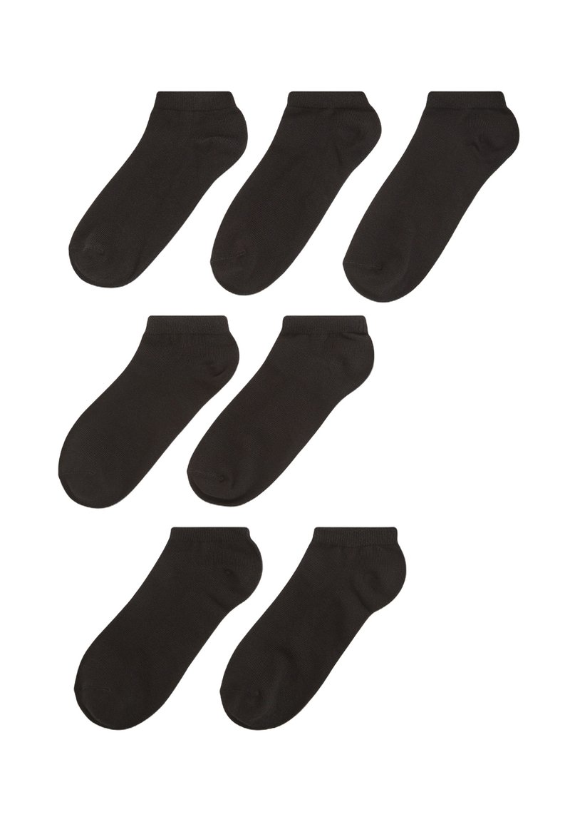 Zestaw siedmiu czarnych bawełnianych skarpetek sięgających do kostek. Charakteryzują się gładką fakturą, ściągaczami oraz standardowym kształtem stopy z wzmocnionymi piętami.