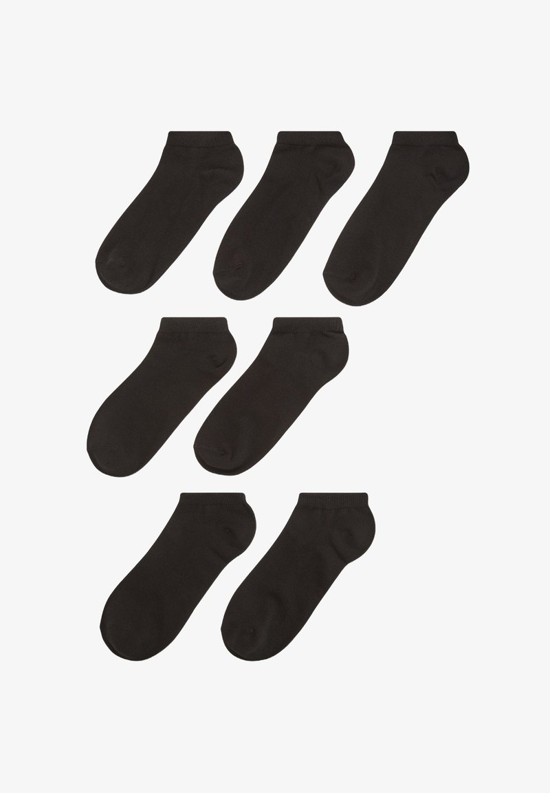 Zestaw siedmiu czarnych bawełnianych skarpetek sięgających do kostek. Charakteryzują się gładką fakturą, ściągaczami oraz standardowym kształtem stopy z wzmocnionymi piętami.
