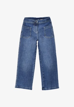 Blaue Denim-Weitbein-Hose mit aufgesetzten Taschen vorne, Knopfverschluss und sichtbaren Nähten, flach auf weißem Hintergrund liegend.