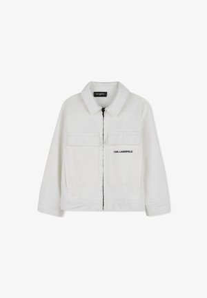 Witte jas met ritssluiting, kraag, twee klepzakken aan de voorkant en het "Karl Lagerfeld" logo geborduurd op de rechterborstzak.