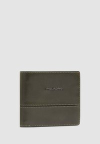 Green leather wallet with a smooth texture, featuring a logo, stitching details, and a bi-fold design for card and cash storage.