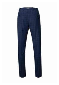 Navyblauwe geruite broek in een slim fit. Heeft twee voorzakken, twee achterzakken met knopen en een gladde stoftextuur.