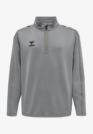 Pullover grigio a mezza zip realizzato in morbido tessuto, con logo nero e strisce sulle spalle. Maniche lunghe e texture liscia.