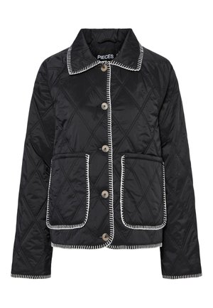 Mustat tikatut takit pyöreällä kauluksella, napitus edessä, kaksi etutaskua ja valkoiset kontrastipistot reunoilla.