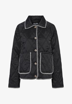 Mustat tikatut takit pyöreällä kauluksella, napitus edessä, kaksi etutaskua ja valkoiset kontrastipistot reunoilla.