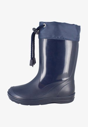 Botte de pluie en caoutchouc bleue marine, imperméable, avec un extérieur lisse, un bout arrondi, et un haut en tissu avec cordon de serrage ajustable. Semelle plate pour la stabilité.