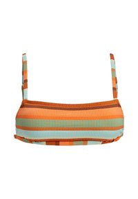 Randig bikiniöverdel med horisontella mönster i orange, turkos och brun. Har tunna, justerbara remmar och ett strukturerat tyg.