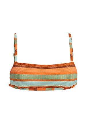 Gestreepte bikini top met horizontale patronen in oranje, turquoise en bruin. Heeft dunne, verstelbare bandjes en een gestructureerde stof.
