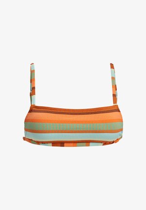Pruhovaný bikiny top s horizontálnymi vzormi v oranžovej, tyrkysovej a hnedej farbe. Obsahuje tenké, nastaviteľné ramienka a textúrovanú tkaninu.