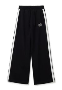 Pantalones de chándal amplios y negros con rayas laterales blancas y una cintura elástica. Presenta un cordón y el logo "USA" en bordado blanco.