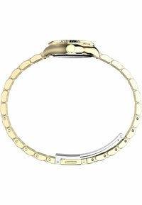 Reloj de tono dorado con una caja redondeada y una pulsera de eslabones que presenta acabados pulidos y mates. Incluye un cierre de tono plateado.