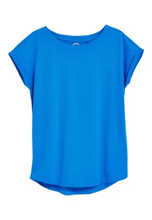 Camiseta azul de manga corta con cuello redondo, fabricada en tejido suave, con un dobladillo curvado y un diseño minimalista.