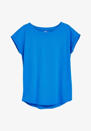 Camiseta azul de manga corta con cuello redondo, fabricada en tejido suave, con un dobladillo curvado y un diseño minimalista.